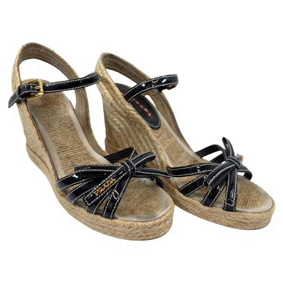 Prada Black Patent Espadrille Wedge Sandals Logo Bow 37.5 / US 7-7.5 - Picture 1 of 9